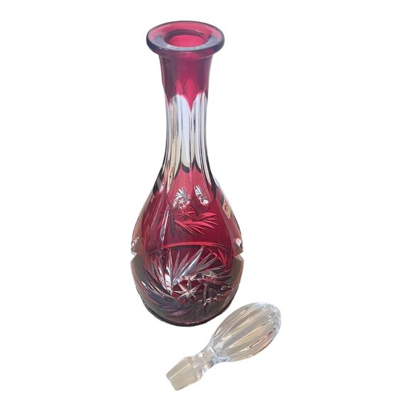 Bleikristall Lausitzer Crystal Decanter 14.5" Red Glass Spirit Bottle German Vtg - Picture 2 of 7